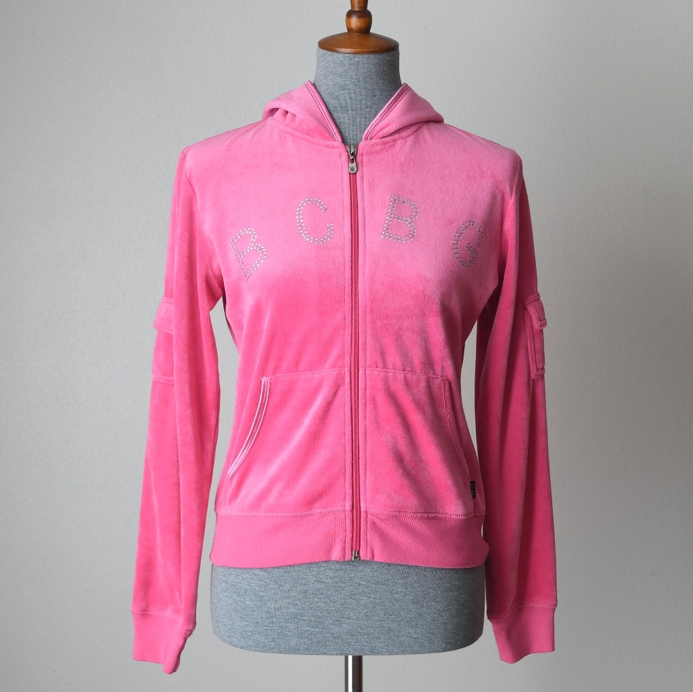 BCBGMaxAzria Pink Velour Logo Hoodie Size Small - Picture 2 of 8